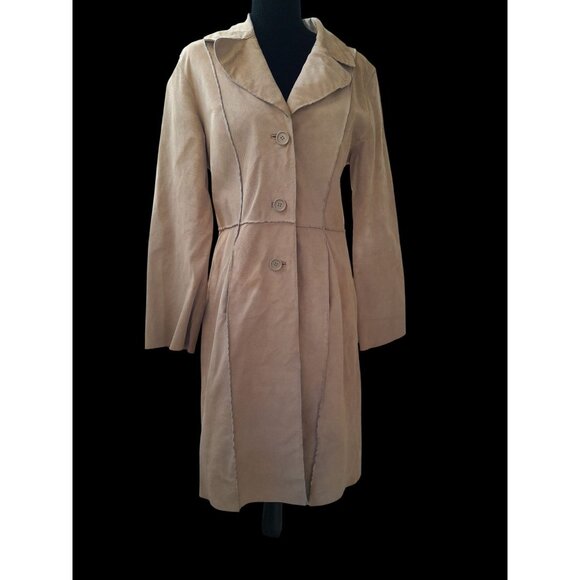 Womens Sz Large Genuine Suede Mid Length Western Trench Coat Pockets Light Tan - Picture 2 of 13
